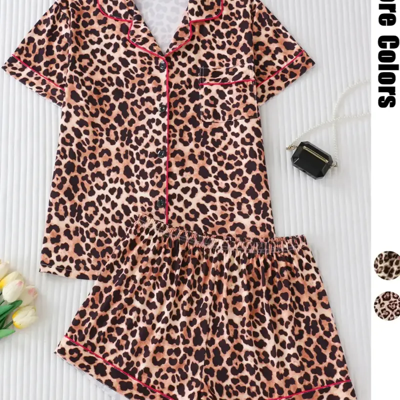 Women's Leopard Print Lapel Neck Pocket Shirt & Elastic Waist Shorts Pajama Two-piece Set, Casual Comfy Short Sleeve Button Up Top & Shorts Set, Ladies Summer Sleepwear, Loungewear, Pyjamas