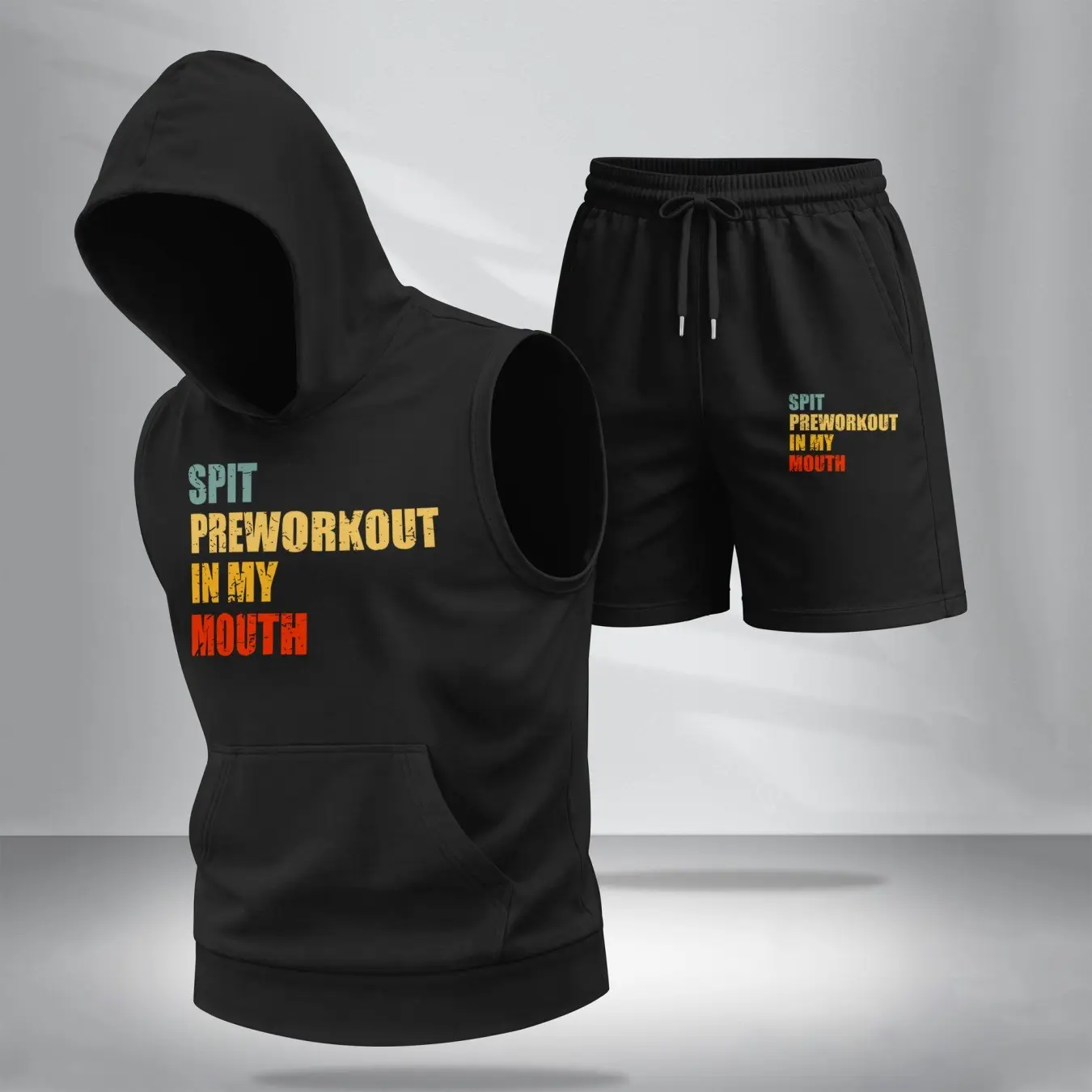 Men’s Sleeveless Hoodie & Shorts Set – “Spit Preworkout in My Mouth” Graphic, Summer Two-Piece Activewear, Casual Streetwear, Regular Fit Gym & Sport Fashion, Lightweight Men’s Outfit