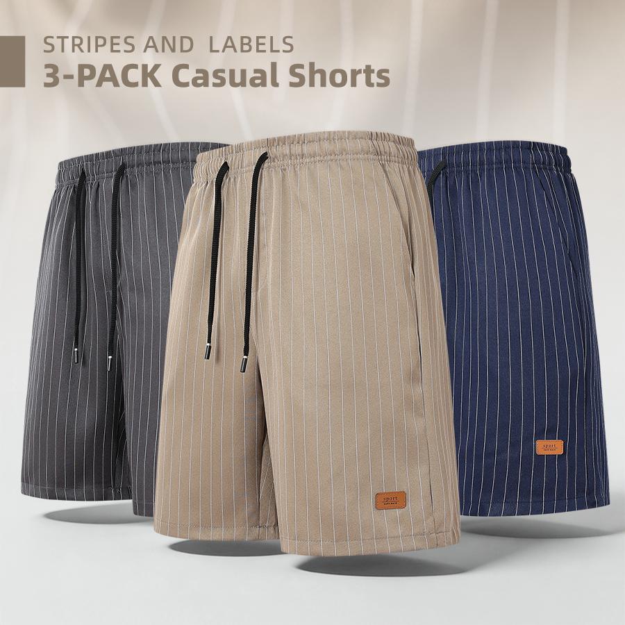 3-pack men’s casual shorts with vertical stripes, loose straight cut, drawstring elastic waistband, minimalist retro style, versatile for everyday commuting