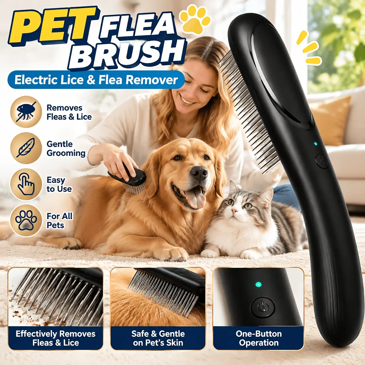 Electric Flea & Lice Comb for Cats and Dogs – 3-Row Stainless Steel Anti-Static Pet Grooming Comb for Flea Removal and Coat Care