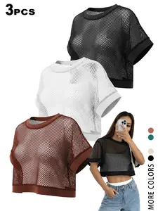 TikTok Viral 2026 Women's 3 Piece Mesh Crop Tops Set，Sheer Fishnet Short Sleeve  Crop T-Shirts with Contrast Trim，Y2K Streetwear Grunge Aesthetic Festival, Club, Beach, Daily Wear - Trendy Summer Outfits for Teen Girls & Young Women，See Through Cover Up
