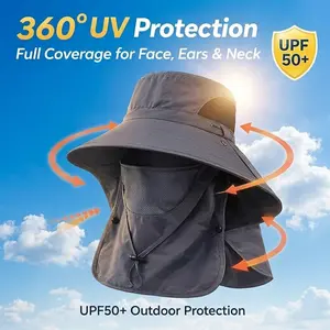 4-in-1 Outdoor Fishing Sun Hat with Detachable Face & Neck Cover, Wide Brim UV Protection Fisherman Hat for Men & Women, Spring Summer Breathable Sun Cap for Hiking Camping Fishing Travel