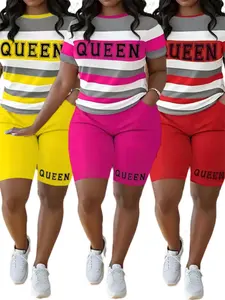 Casual Plus Size Women's Set Striped Suit with Queen Print 2 Pieces in Vibrant Colors with Pockets