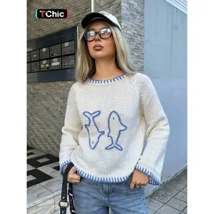 Color-Block Round-Neck Sweater for Autumn and Winter, Retro Floral Design, Loose-Fit Knitted Pullover for a Comfortable Style