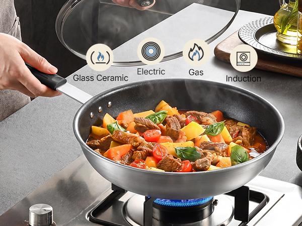 Non Stick Frying Pan, Heavy-Gauge Aluminum Skillet with Reinforced Nonstick Coating, Red Handle, Dishwasher and Oven Safe