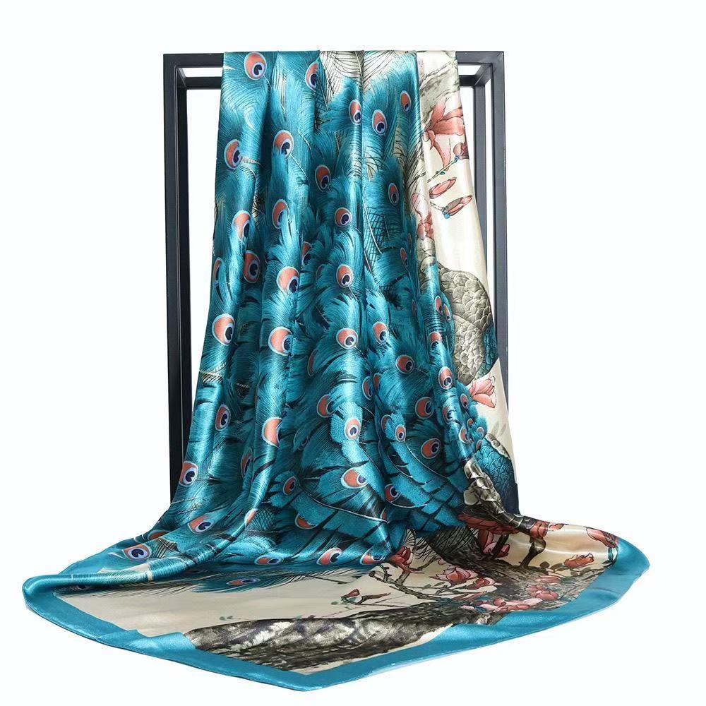 Women’s faux silk scarf/headscarf with peacock print; beach headscarf; soft and elegant; suitable for all seasons; multifunctional large square headscarf (90 cm × 90 cm); a perfect accessory—ideal as a headscarf or headband, especially for enhancing overa