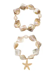 Ettika True Shell Bracelet Set – 18k Gold Plated Stretch Bracelets with Shell and Freshwater Pearl Accents, Set of Elegant Stackable Accessories