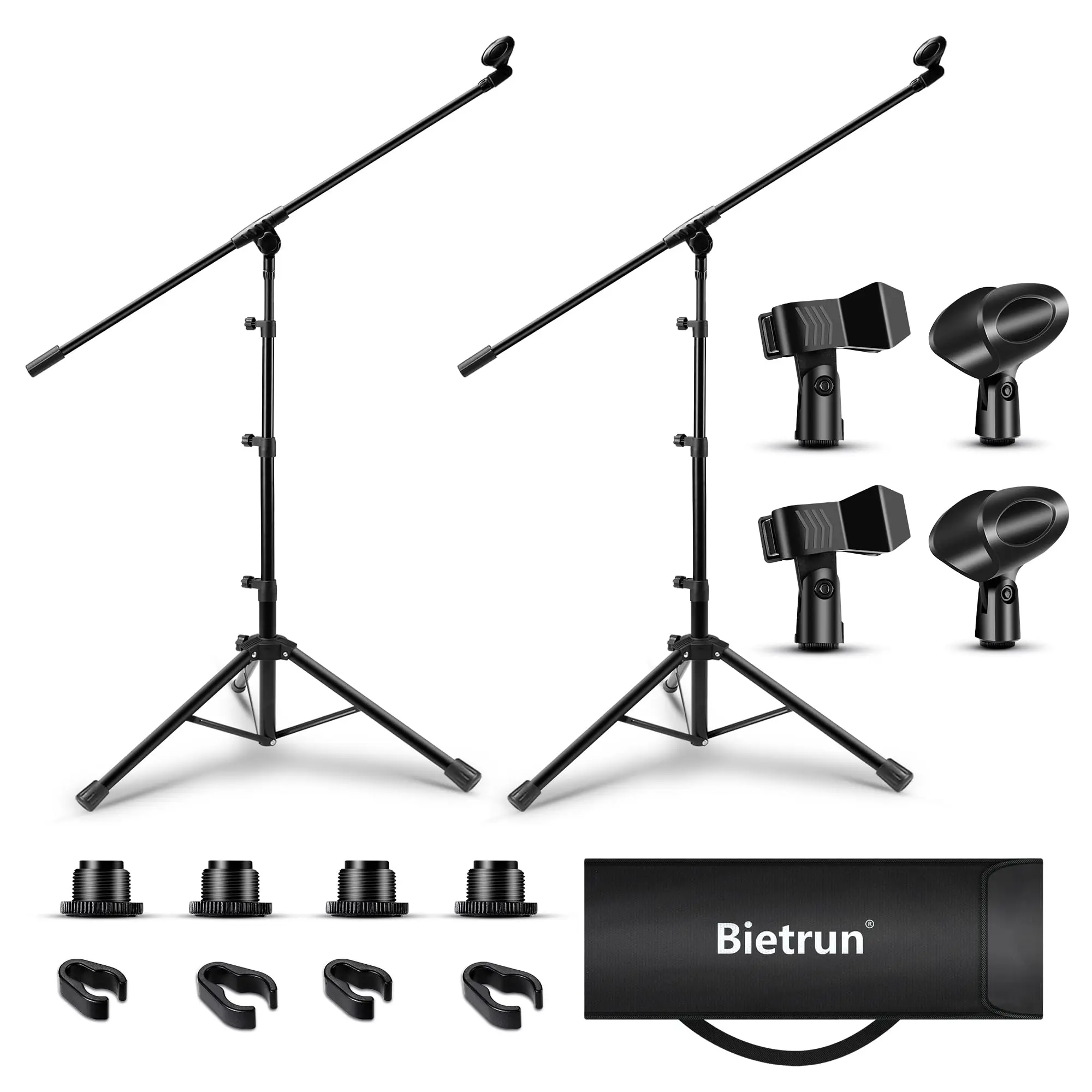 Bietrun 2-Pack Portable Adjustable Boom Height Tripod Microphone Stands with Detachable Tripod Base, Carrying Bag, Mic Clips, Mic Cover, Cable for Stage Performances, Church Events