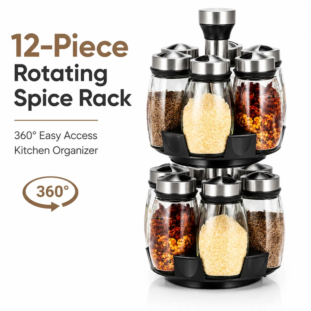 360° Rotating Spice Rack with 12 Glass Spice Jars, Countertop Kitchen Spice Organizer, Space Saving Seasoning Storage Tower with Stainless Steel Lids