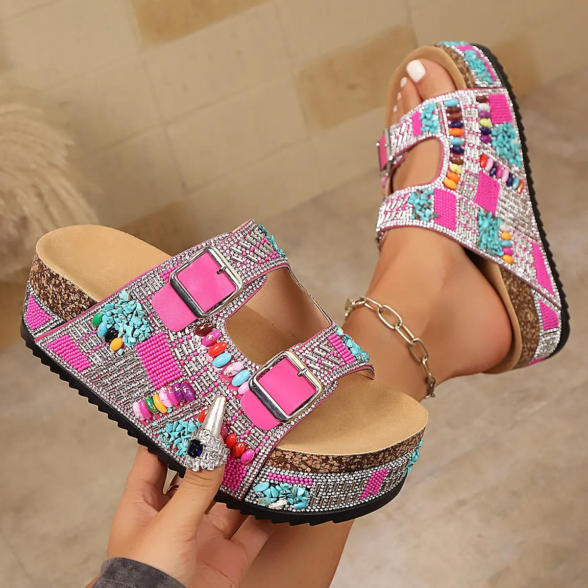 Women's Thick-Soled Rhinestone Beach Sandals with Double Buckles