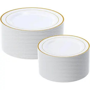 Gold Plastic Plates Set of 60, Disposable Plates with Gold Rim 30 Dinner Plates 10" and 30 Salad Dessert Appetizer Plate 7", Elegant Fancy Heavy Duty Wedding Party Plates