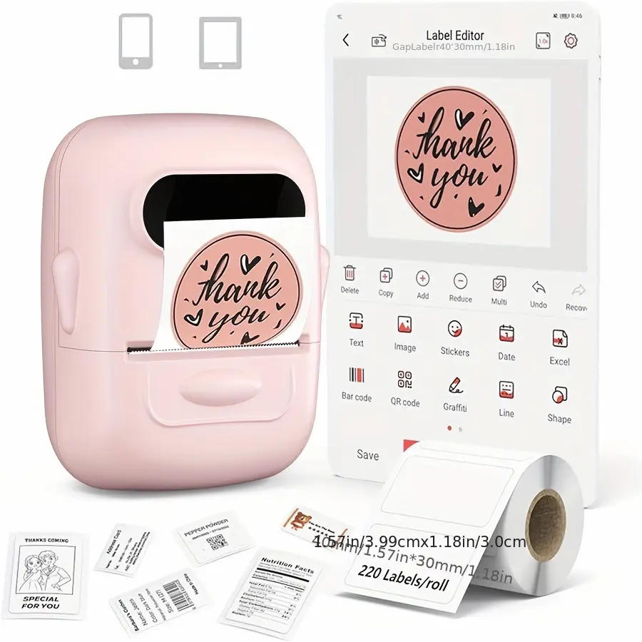 Portable Wireless Thermal Label Maker, Mini Sticker Printer with 1 Roll Label Tape, No Ink Required for Home, Kitchen, Office, School, Storage, Retail, Clothing & Barcode Labels