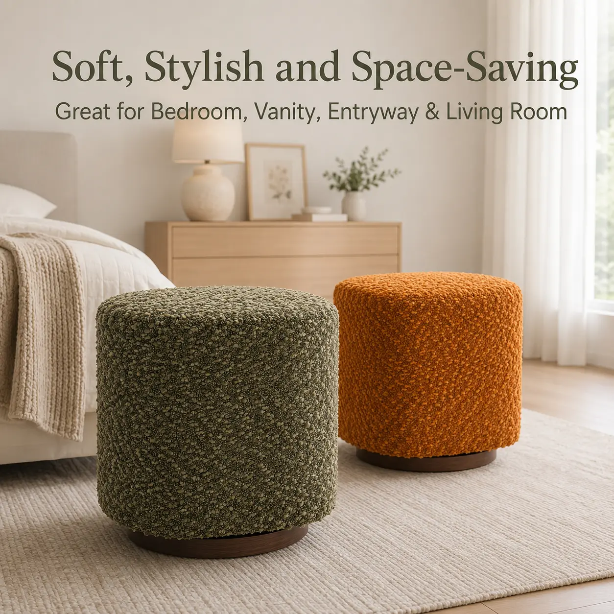 360° Swivel Upholstered Ottoman Stool, Soft Polyester Vanity Seat with Metal Base, Compact Accent Stool for Bedroom, Entryway and Living Room