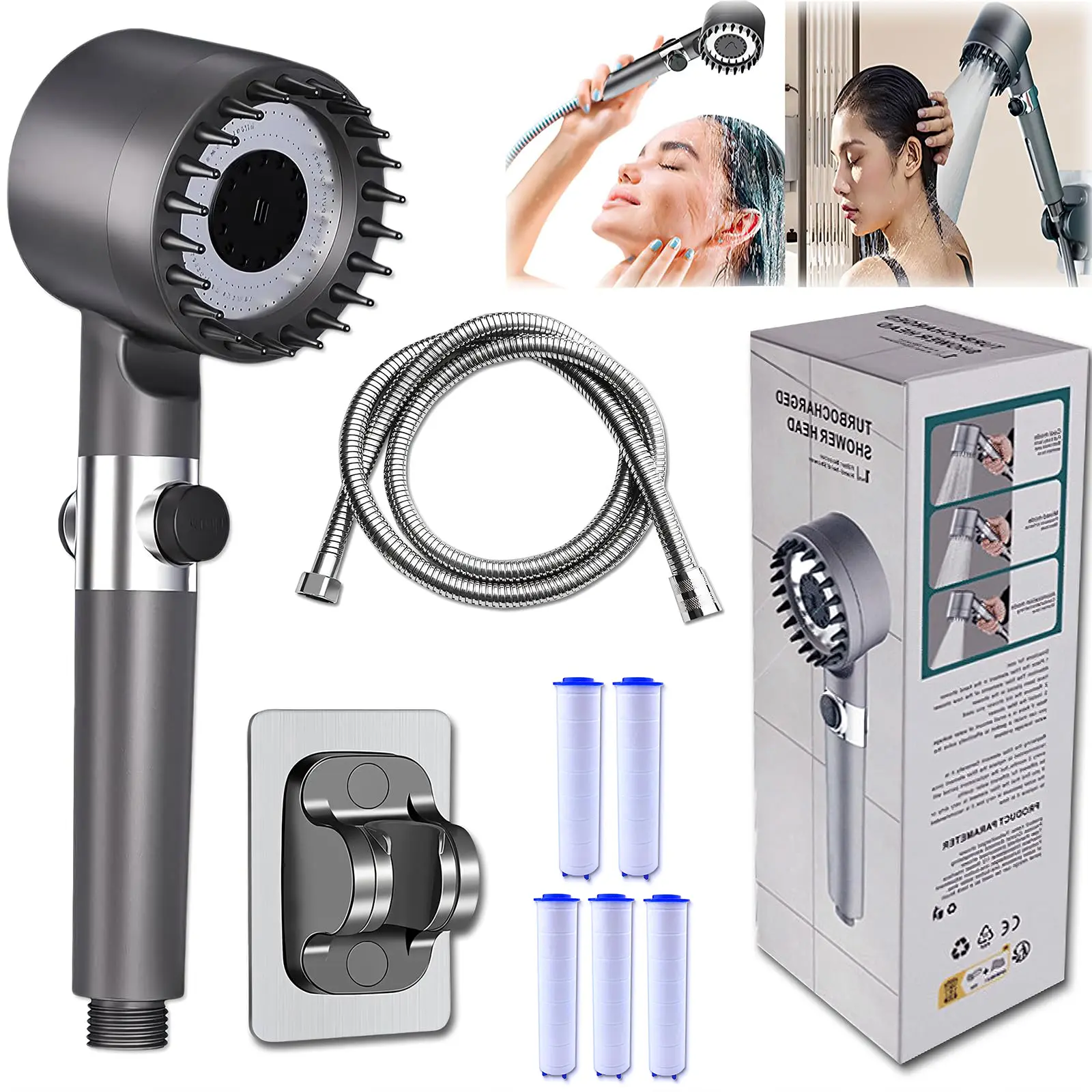 5 in 1 Ion Drops Filtered Shower Head with Handheld, High Pressure Water Flow Showerhead, with Shower Head Filter for Hard Water Boosting, with ON/OFF Switch 4-piece set (Grey)