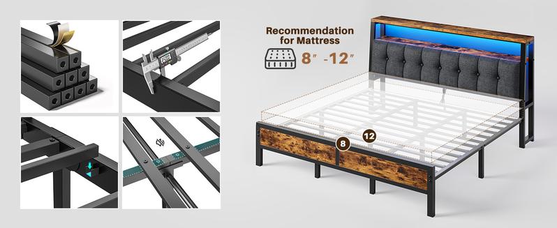 Raybee LED Bed Frame with Charge Station for Queen, Full, King, Platform Bed Frame with Upholstered Ergonomic Heardboard , 2 Tiers of Shelves & 12" Underbed Storage, Industrial Modern Bedroom Furniture, 1000lbs Capacity with Metal Slats & Frame, Black