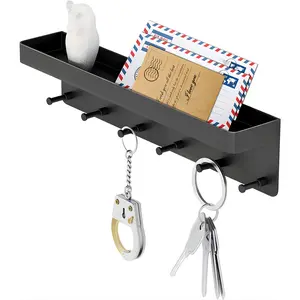 Key Holder Wall Mount with Mail Organizer Tray Adhesive Wall Key Rack with 6 Hooks, Entryway Mail & Key Storage Shelf, Modern Space-Saving Organizer for Home, Office & Hallway