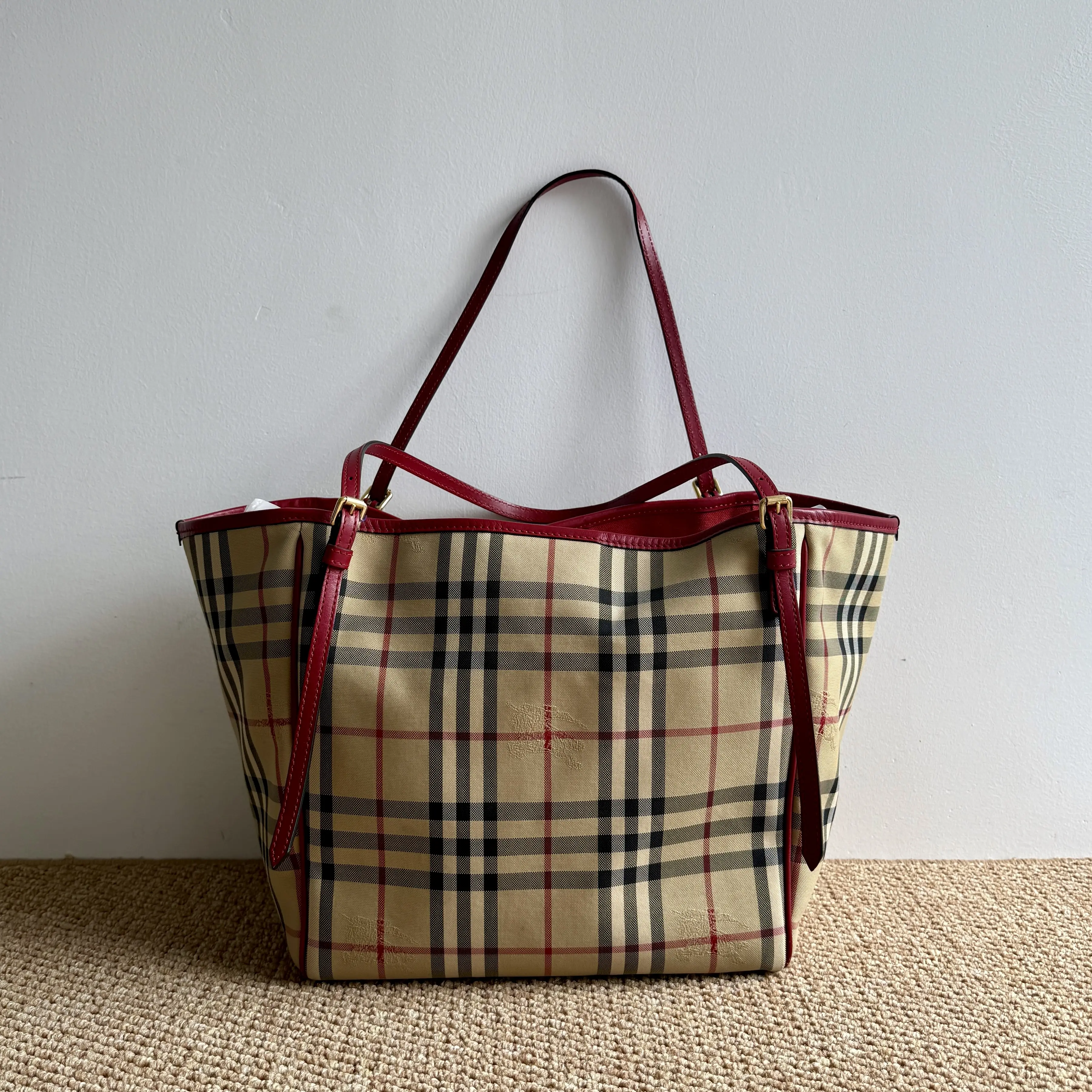 Pre-owned BURBERRY Authentic Canterbury Tote Bag – Haymarket Check, Leather Trim, Single Shoulder Designer Work Tote