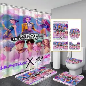 4-Piece Modern Bathroom Curtain Set, Colorful Background Shower Curtains, Includes 12 Hooks, Non-Slip Toilet Mat & U-Shaped Seat Cover, Shower Curtain Sets
