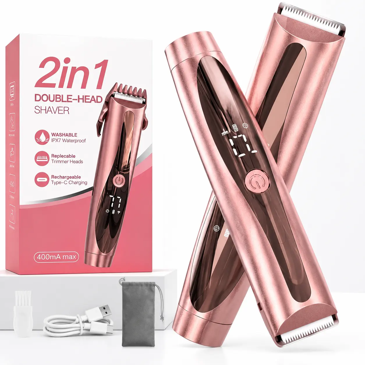 Women's 2-in-1 Tungsten Steel Bikini Trimmer & Electric Shaver, Waterproof Rechargeable Painless Hair Remover, Double-Head Design for Gentle Close Body & Facial Grooming