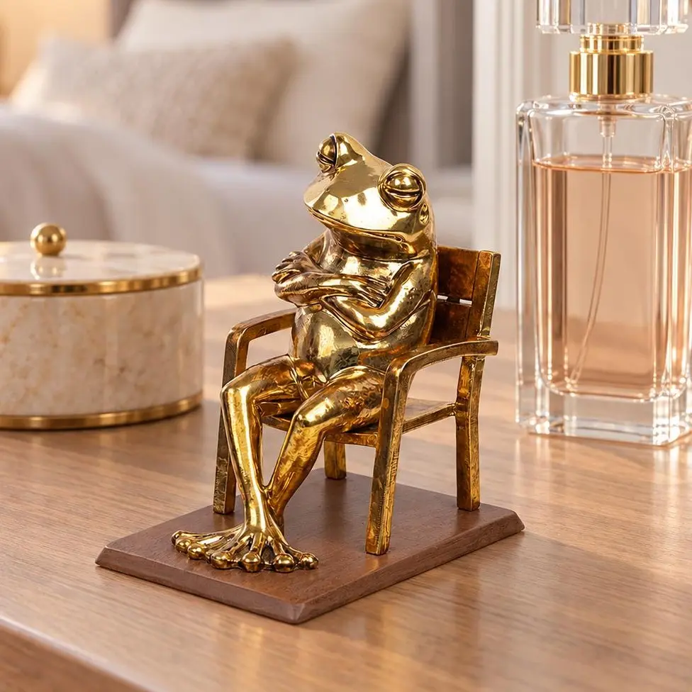 Sleepy Resin Frog Figurine (Electroplated) – Frog Sitting on Chair Dozing Off, Handmade Desk Decor, Funny Gift for Frog Lovers