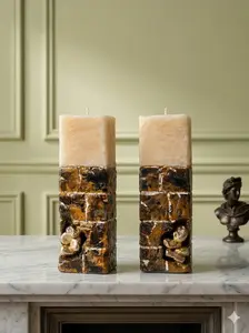 Minimalist Sculptural Candle Set - Handmade Craft Artisanal Candles, 7.7x2.7" Modern Stone Home Supplies with Gold Accents, Coffee Table Decor, Table Decor