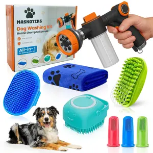 MASKOTIKS  Dog Washing Hose Attachment-All in One Dog Bath Attachment for Tub-Dog Shampoo Sprayer-Dog Washing Kit-Dog Drying Towel-Dog Tooth Brush-Dog Washing Brush-Dog Scrubber for Bath and Dog Shampoo Brush