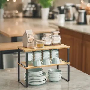Wooden & Carbon Steel Kitchen Cabinet Organizer Set, Stackable Multi-Functional Storage Shelves, Non-Food Contact Safe Material