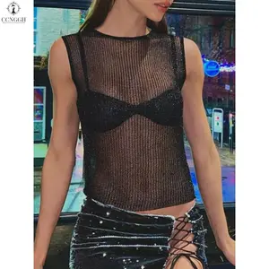 Women Summer Sleeveless Crew NeckFit Tank Tops  See Through Blouse Shirt