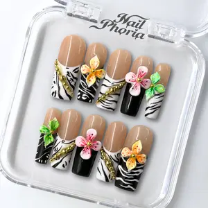NailPhoria ZEBRA BLOOM - Handmade Press-On Nails | Reusable, Salon-Quality, Long-Lasting, Glossy Design