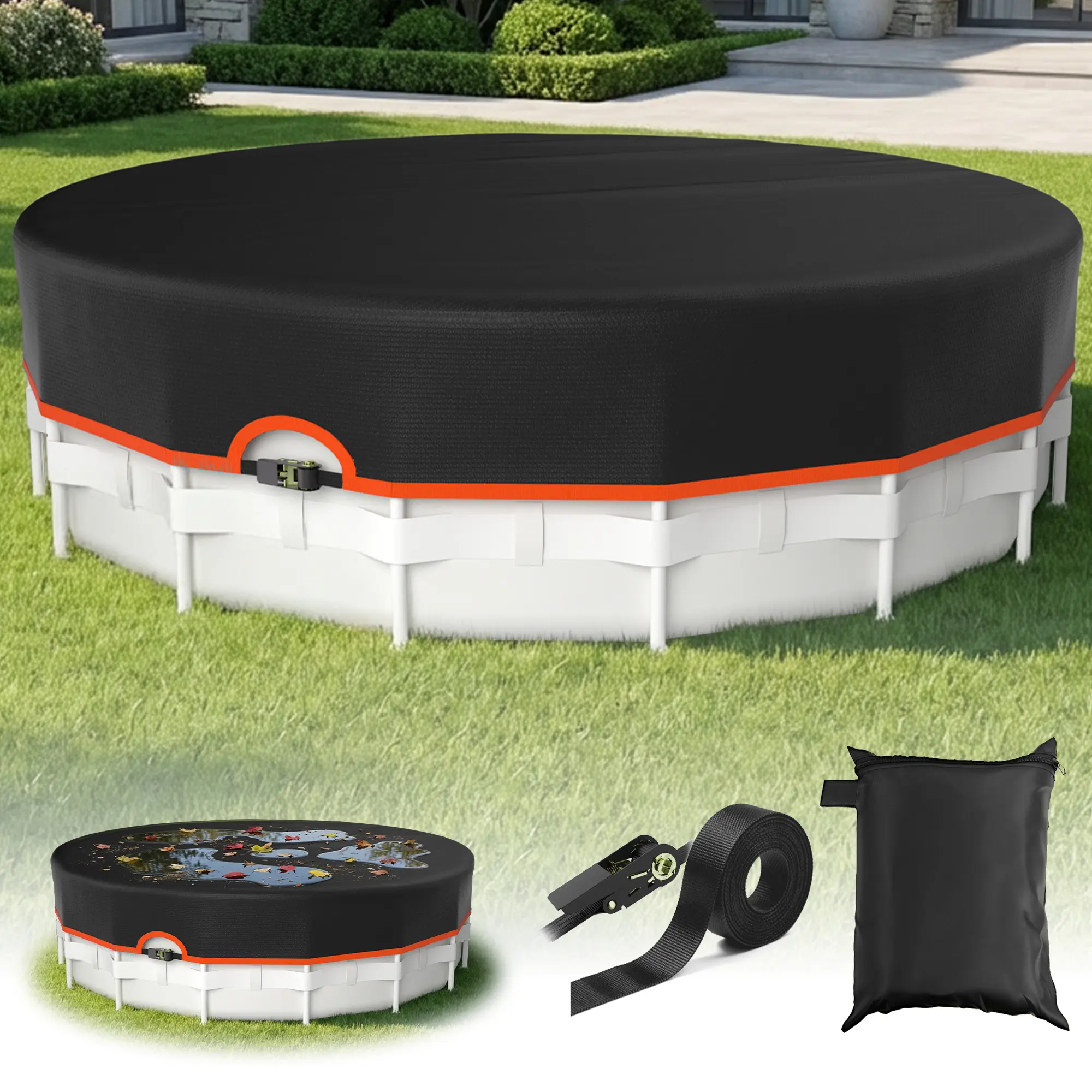 Upgraded 22FT round pool cover for above-ground round pools. It is waterproof, sun-shading, and UV-resistant, helping maintain stable water quality. It features a heavy-duty mechanical locking system with strong wind resistance and excellent stability.