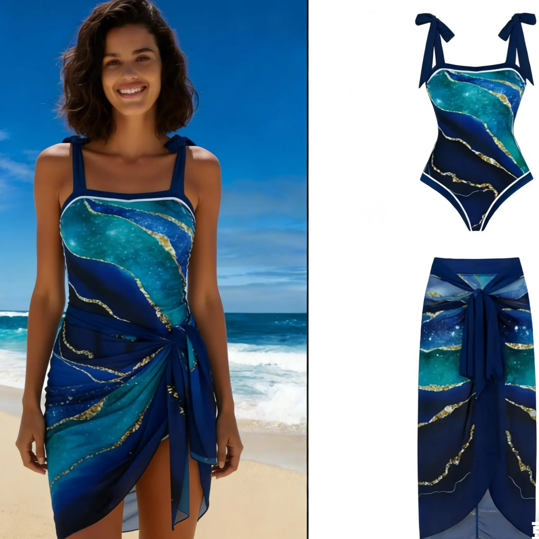 Women's 2-Piece Swimdress Swimsuit - Dark Blue Gold-Plated Allover Print Skirt, Water-Resistant, Ideal for Hot Spring, Beach Use, Two Piece Swimsuit