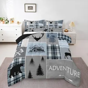 Cabin Comforter Set,Bear Deer Rustic Lodge Bedding Set,Kids Teens Adult,Camper Wild Animal Plaid Check Adventure Farmhouse Down Comforter,Quilt