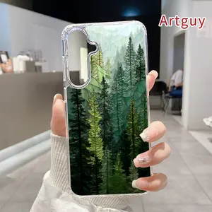 Magnetic Phone case for  Samsung Galaxy S26 Edge S23 Ultra S24 Plus FE S25 S22+ Forest Reverie Pine - clad Landscape Verdant Woodland Vision Pattern Non-Yellowing Shockproof Soft Silicone Transparent Acrylic Large Hole Cover Supports Wireless Charging