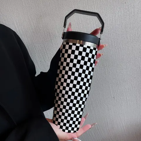 30oz Stainless Steel Insulated Travel Mug with Handle, Cold & Hot Drinks, Checkered Design, Straw Lid, Ideal Gift for Outdoor Sports, Vacuum Insulated Tumbler, Leakproof Insulated Tumbler, Tumbler Drinkware, Insulated Drink Cup, Travel Thermal Cup