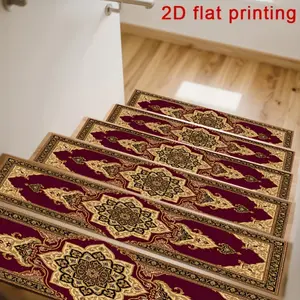 Luxurious Patterned Stair Mat in Red And Golden Persian Style, Non-Slip Step Mat + Protective Carpet for Steps, 2D Flat Print, Suitable for Indoor Stairs/Entrances/Corridors, Designed for a Sense of Luxury