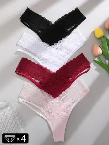 Women's Contrast Lace Scallop Trim Thong, Elegant V-shaped Waist Cut Out Thong for Daily Wear, Underwear for All Seasons