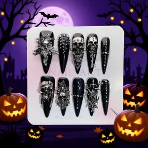 10pcs 3D Silver Color Skull Nail Art Stickers, Halloween Witch Armor Gothic Fake Nails, Sharp Design, Long Almond Shape, Handmade Removable,Includes Nail File, Acrylic Stick & Jelly Self Adhesive