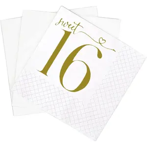 Sweet 16 Happy Birthday Cocktail Napkins, 100 Pack Gold 2-Ply 5x5" Bulk Paper Beverage Napkins for 16th Birthday Party
