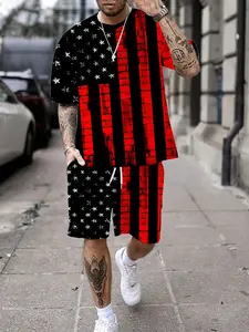 Men's retro star stripe print casual, stylish and Fitted two-piece set, featuring a summer sporty crew neck short-sleeved top and drawstring shorts, suitable for outdoor and street wear Outfits