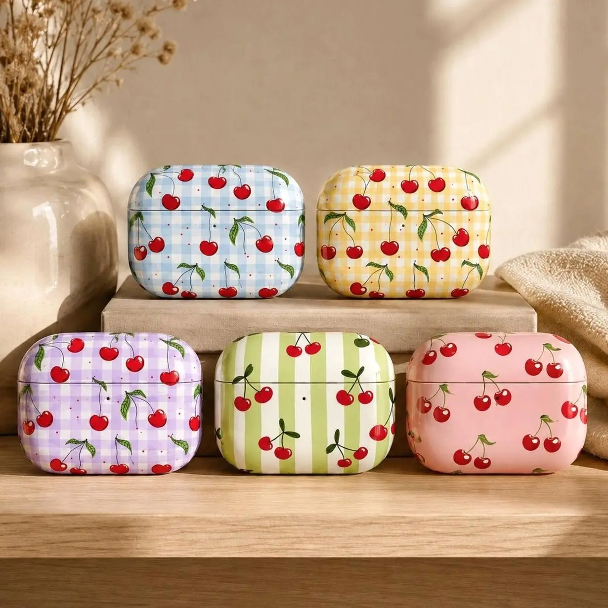 Cherry AirPods Case, Gingham Checked Pattern AirPods Pro Case Cute Coquette Aesthetic Retro Stripe  Cover for Gen 1 2 3