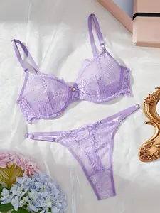 Ladies Sexy Fit Aesthetic Lace Bra Set with Push Up Underwire, Soft Thin Cups and T-Back Panty, Adjustable Two-Piece Lingerie Set