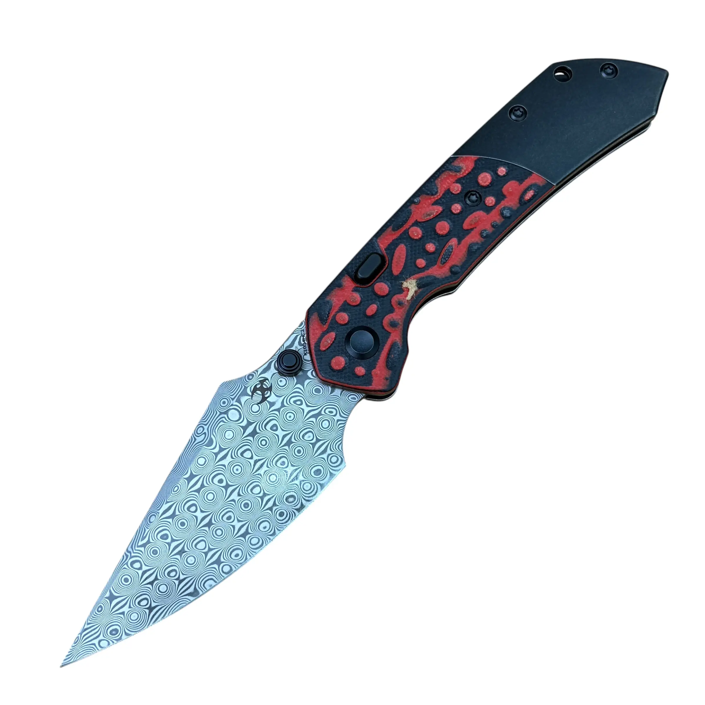 Exclusive Kansept Fenrir featuring a Damascus harpoon blade, smooth top liner lock, and red and black G10 with titanium handle. EDC knife, pocket knife, everyday carry, camping, hiking, outdoor gear