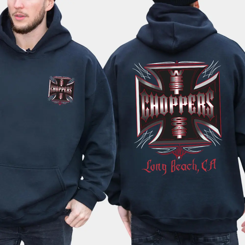 West Coast Choppers Hoodie – Long Beach CA Motorcycle Club Pullover, Vintage Biker Shirt for Men, Retro Streetwear Style