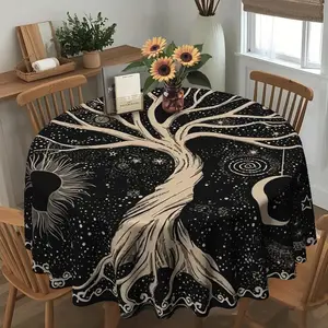 2D flat, mysterious wind, black and white, cosmic tree round dining table cloth, family kitchen living room dining table cloth, party tablecloth, kitchen accessories, room & outdoor tablecloth