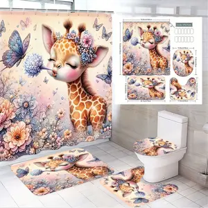 4pcs Whimsical Baby Giraffe Bathroom Decor Set, Pastel Shower Curtain, Toilet Lid Cover & Bath Mats, Floral & Butterfly Design The floor mat fabric is thicker and softer!