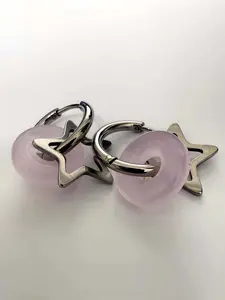 Y2K Faux Jade Circle Hollow Star Unique Star Shape Stainless Steel Ear Cuff, Simple Playful Trendy Unisex Creative Daily Versatile Earrings