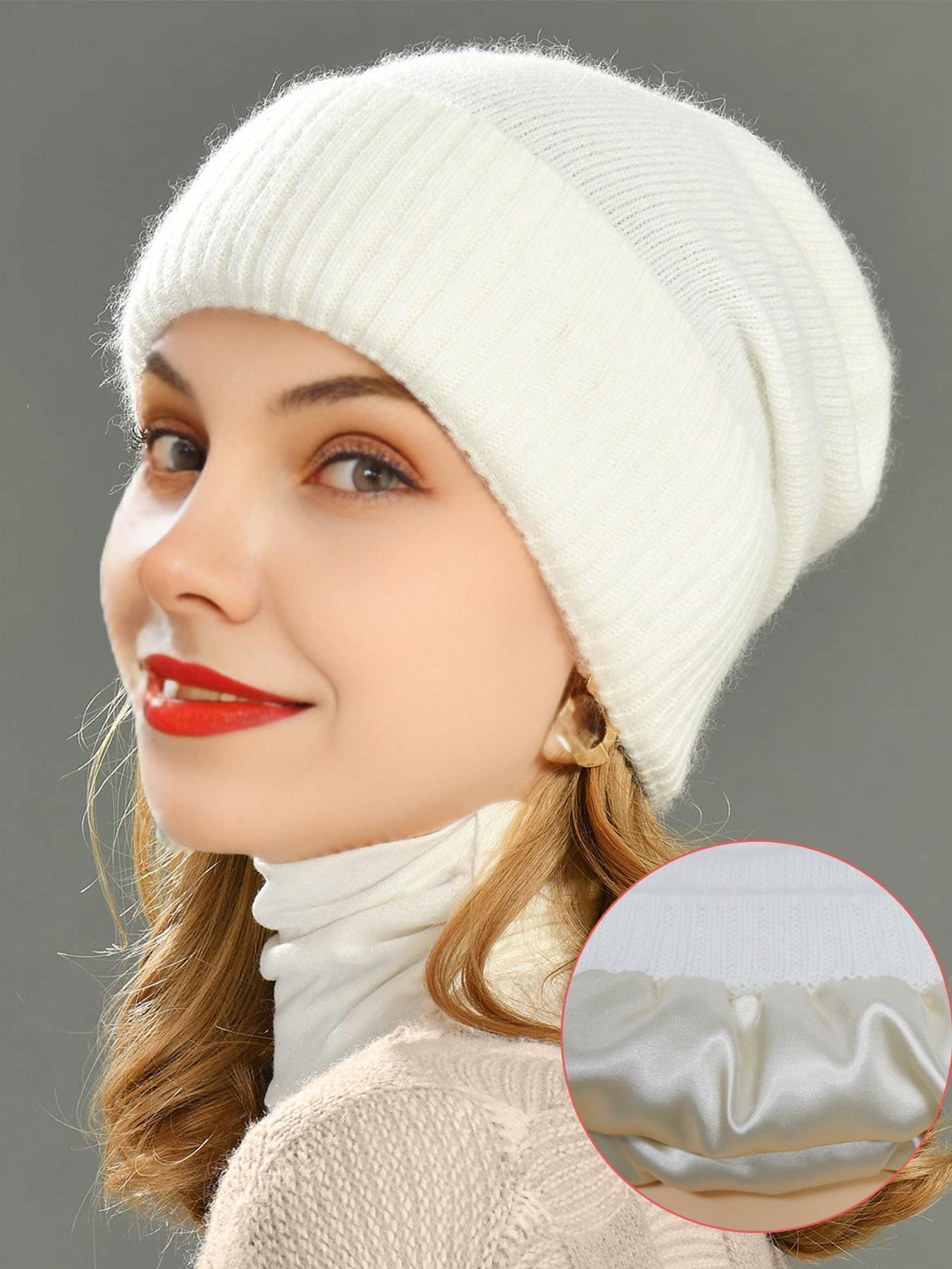New Wool Blend Satin Lined Knit Beanie Hat, Lightweight Unisex Soft Loose Fit Warm Cap for Fall & Winter, Casual Style