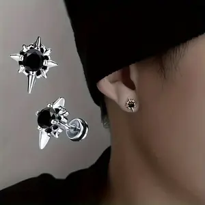 [Stylish Stainless Steel Hip-hop Earrings] Unisex Stylish Hip-hop Stainless Steel Synthetic Zirconia Earrings With Hexagram Design In Silvery Color, A Unique Accessory For Both Men And Women.