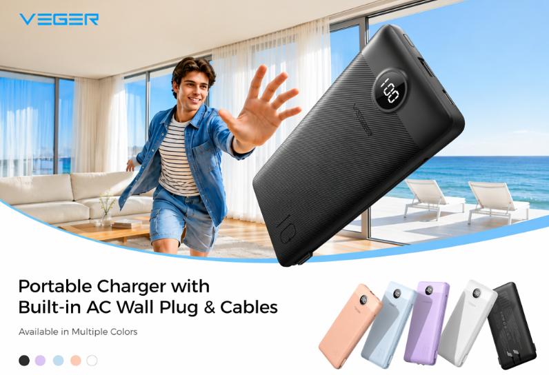VEGER Portable Charger, with Built-in Data Cable and AC Power Plug, 10,000mAh Power Bank, Portable Phone Charger for Travel and Outdoor Use, Lightweight and Compact External Battery Pack Designed Specifically for Smartphones and Tablets