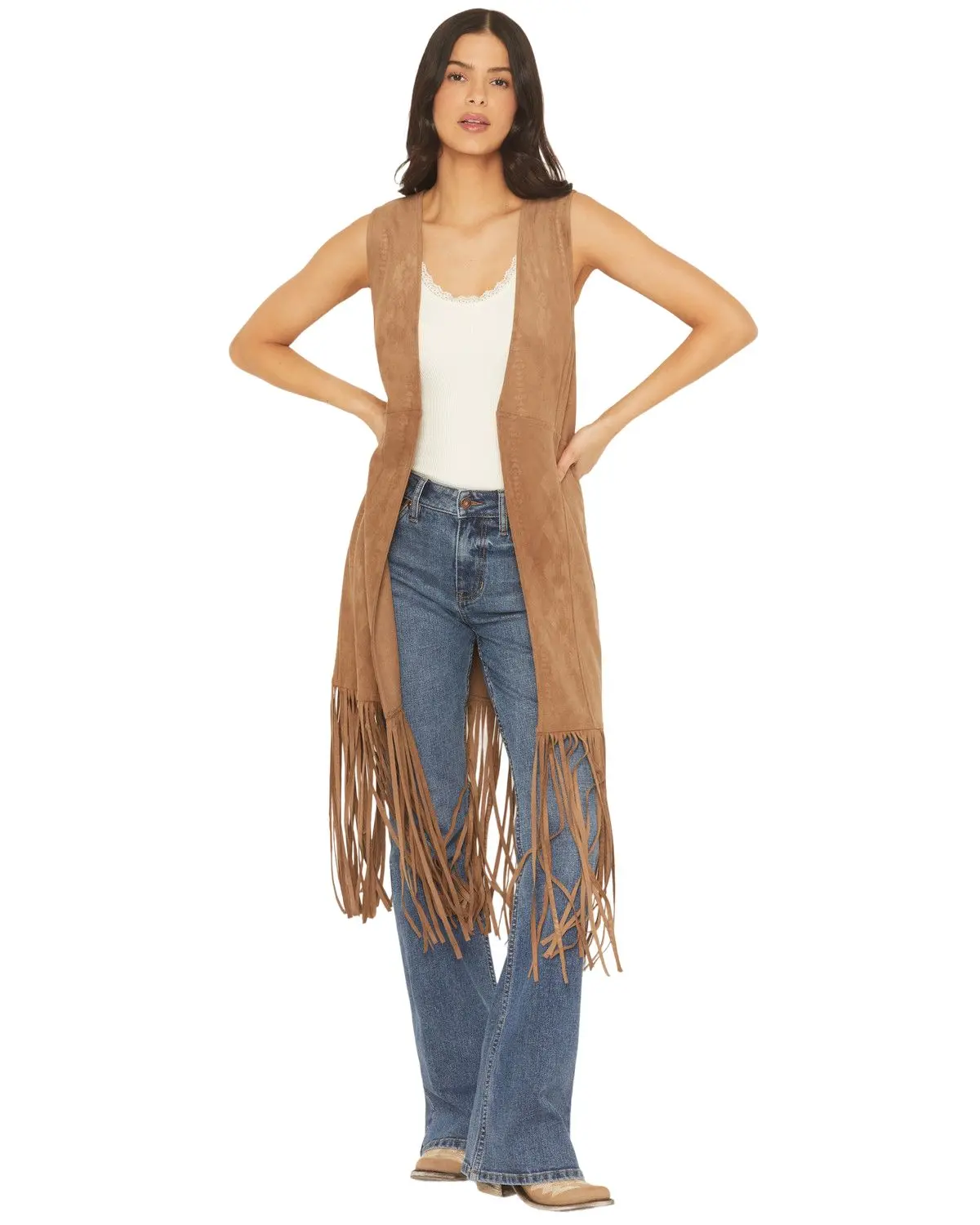 Shyanne Women's Women'S Embossed Southwestern Print Fringe Faux Suede Vest - Swsp25v96-Cof